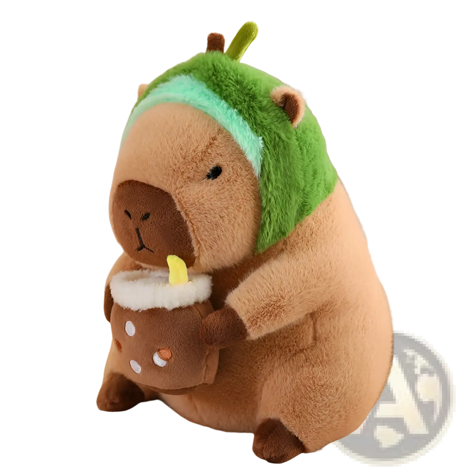 Cute brown plush capybara toy wearing a green fuzzy hat with a mint stripe holding a miniature boba tea cup