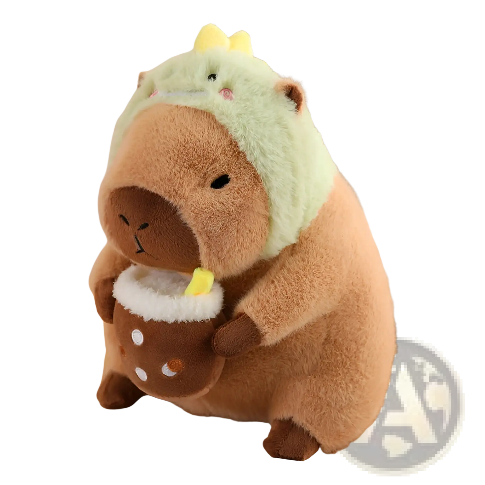 Cute brown plush capybara toy wearing a light green dinosaur hood holding a miniature brown boba tea cup with white trim