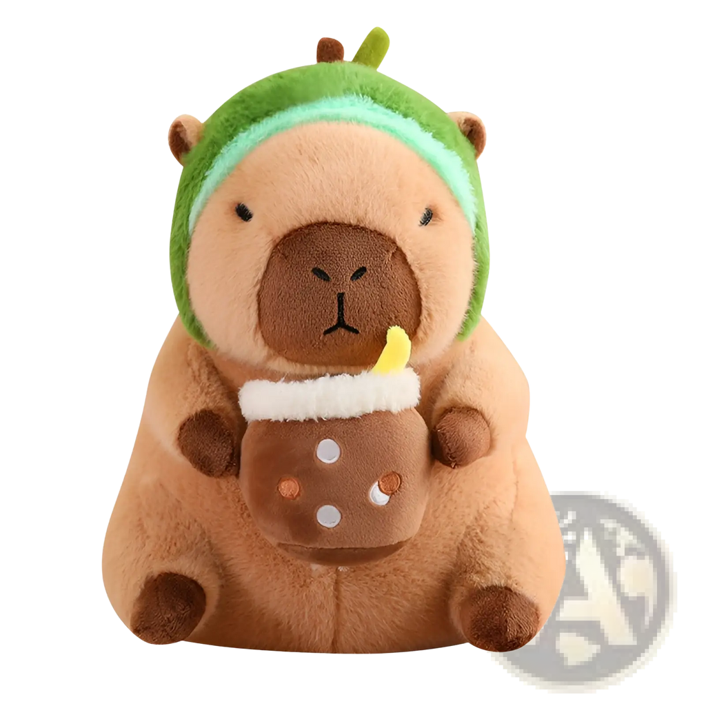A plush capybara toy wearing a green mint headband holding a brown boba tea cup with white foam and colorful dots