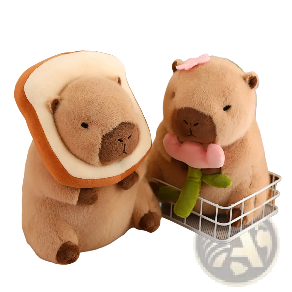 Soft tan plush capybara toy featuring a bread-shaped headpiece and pink bow-tied flower accessory clothing