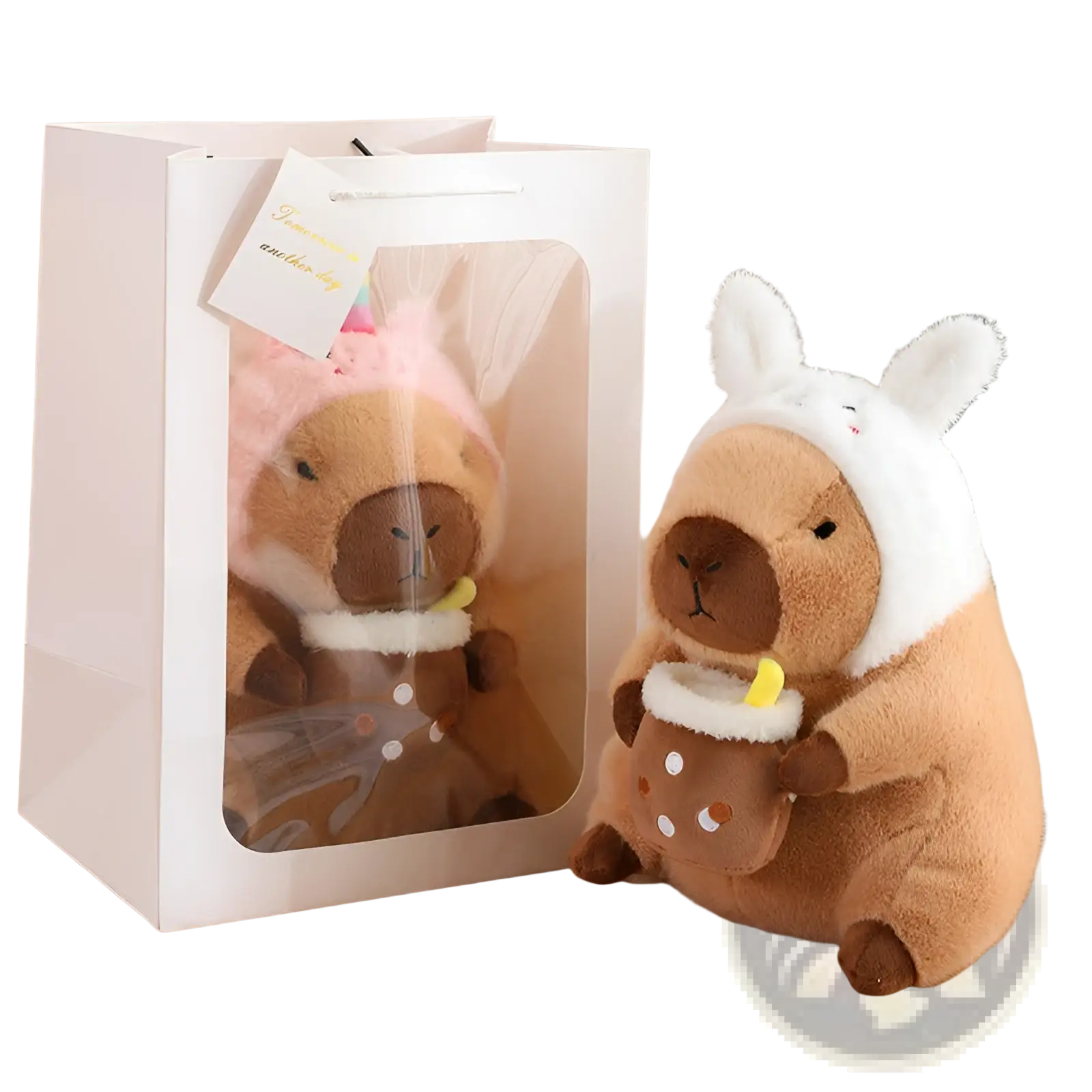 Capybara plush toy wearing a white bunny hat and holding a small brown polka dot cup in bread and flower outfits