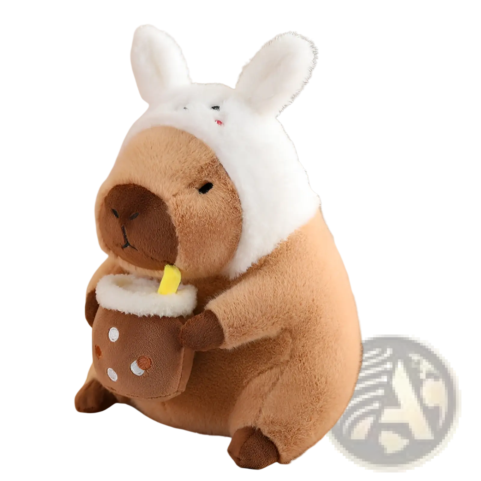 A plush brown capybara toy wearing a white bunny hat and holding a miniature boba tea cup in bread outfit