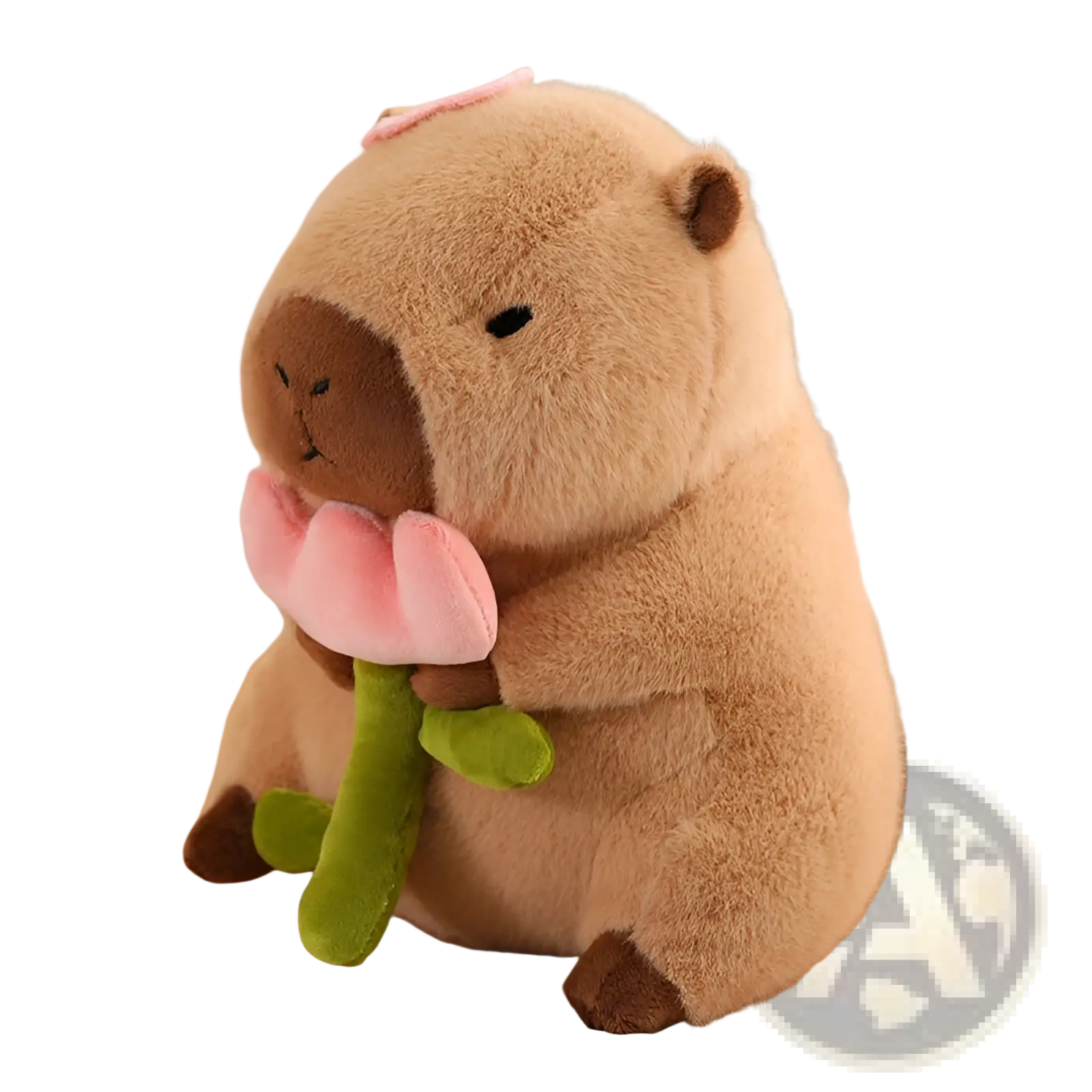 A soft tan plush capybara toy with a pink bow holding a pink tulip from the flower outfit collection