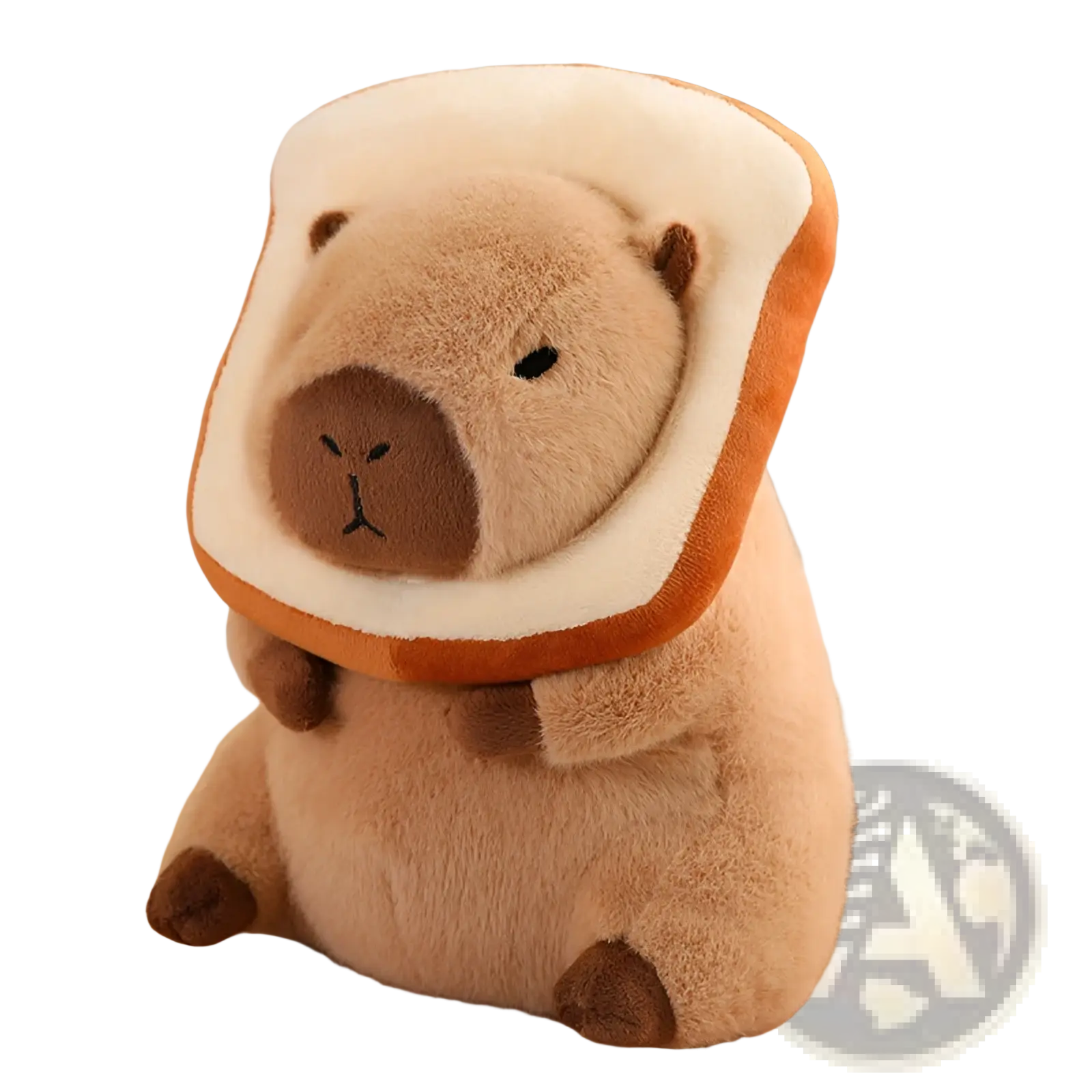 Soft beige plush capybara toy with bread-shaped headband featuring brown inner ears and nose in flower outfit