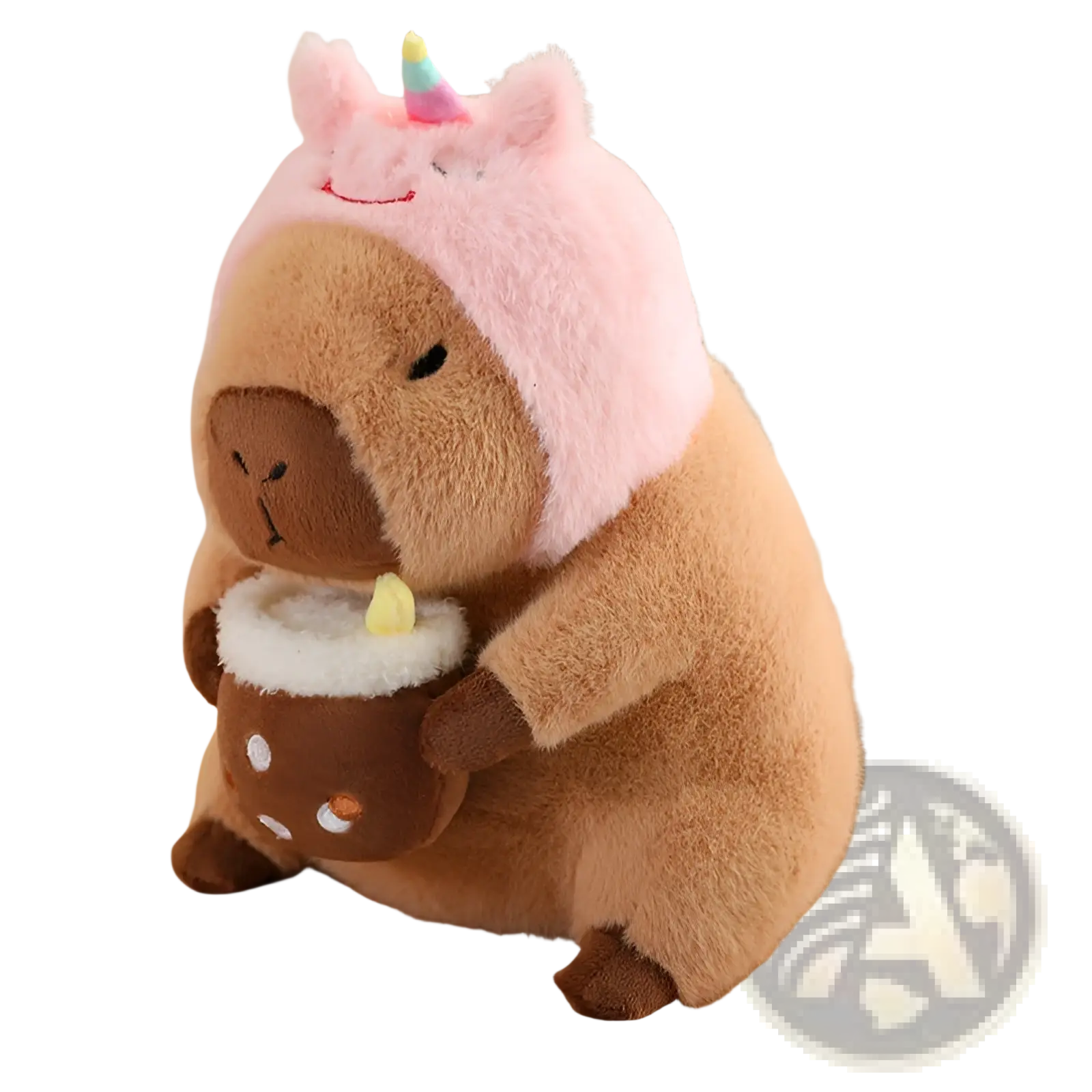 A plush pink capybara toy wearing a unicorn hat holding a brown mug with foam and a lemon slice