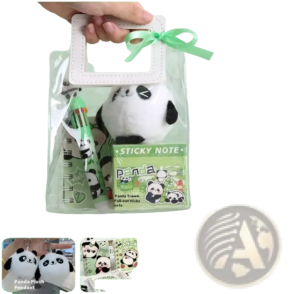 A plush panda pendant with black and white fur and a cute face design in the capybara stationery set kawaii gift supplies