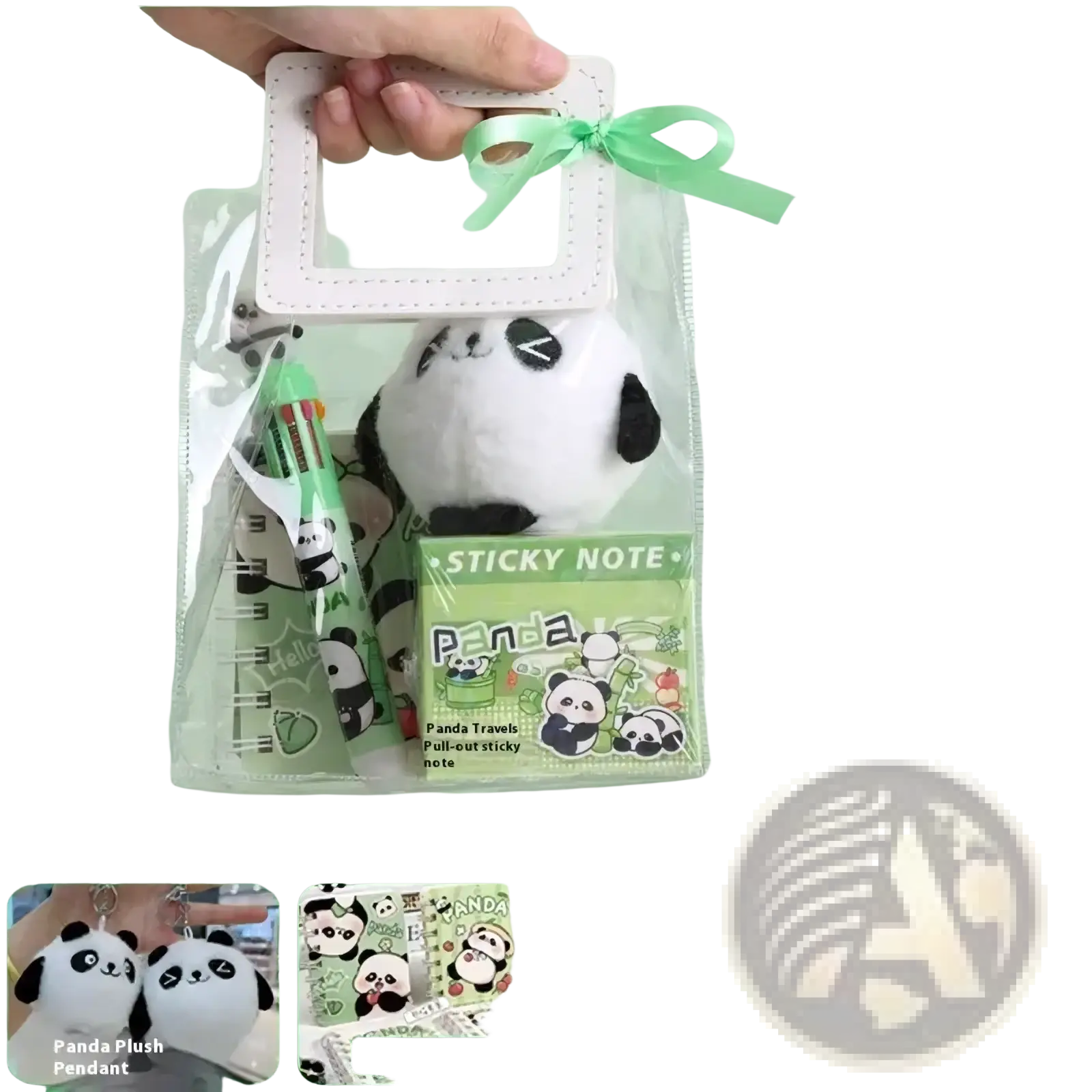 A plush panda pendant with black and white fur and a cute face design in the capybara stationery set kawaii gift supplies