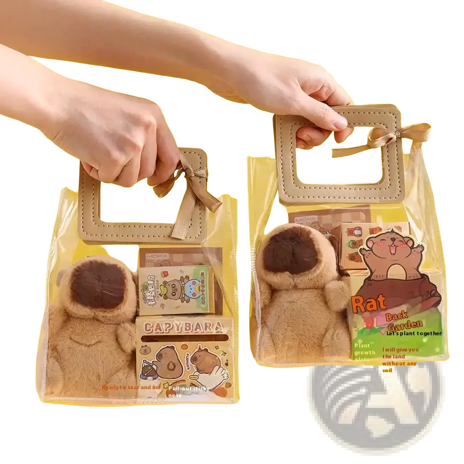 Beige leather-like handle with bow on clear plastic bags in capybara stationery set kawaii student gift supplies