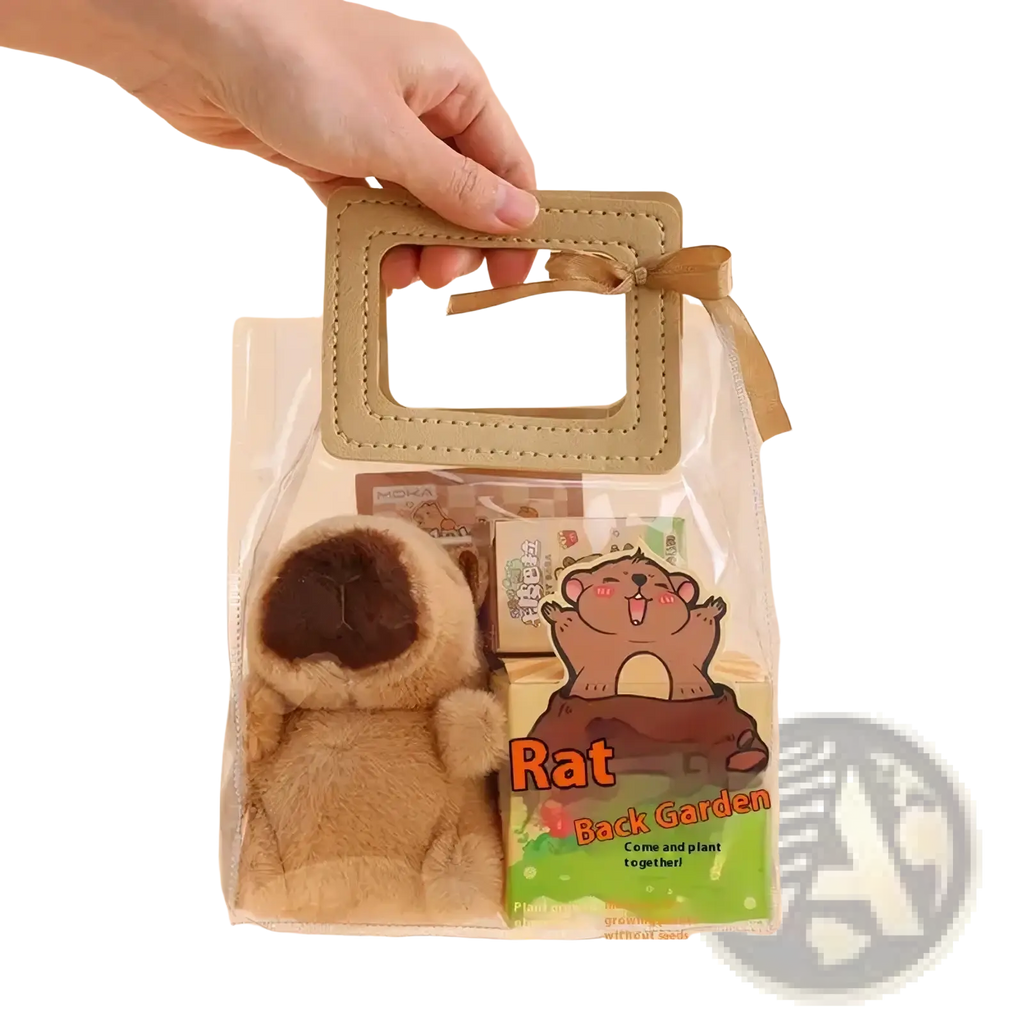 Beige leather handle with stitched edges and ribbon on a clear bag holding kawaii capybara stationery set toys