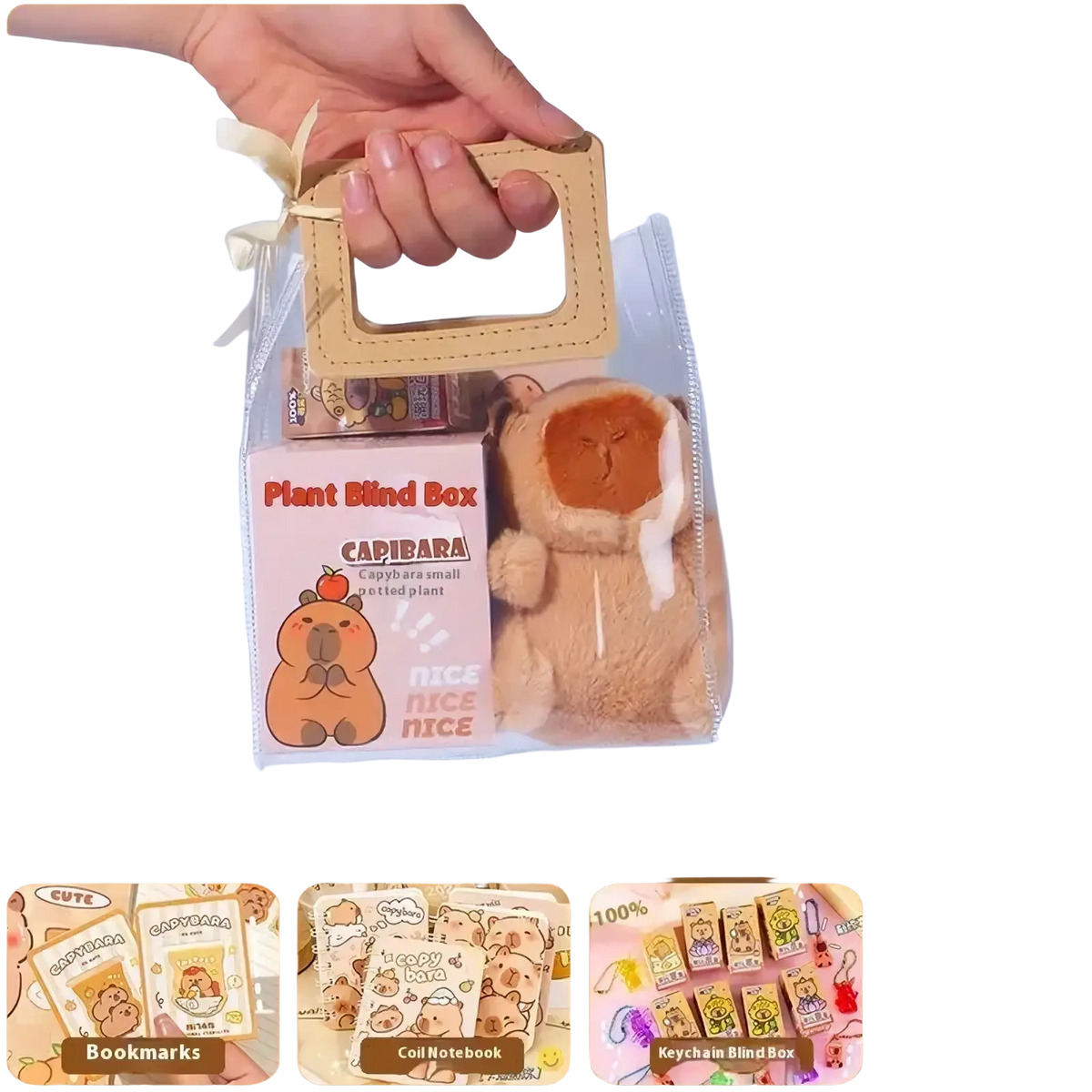A beige plush capybara pendant with soft fuzzy texture and embroidered features in a kawaii student stationery set