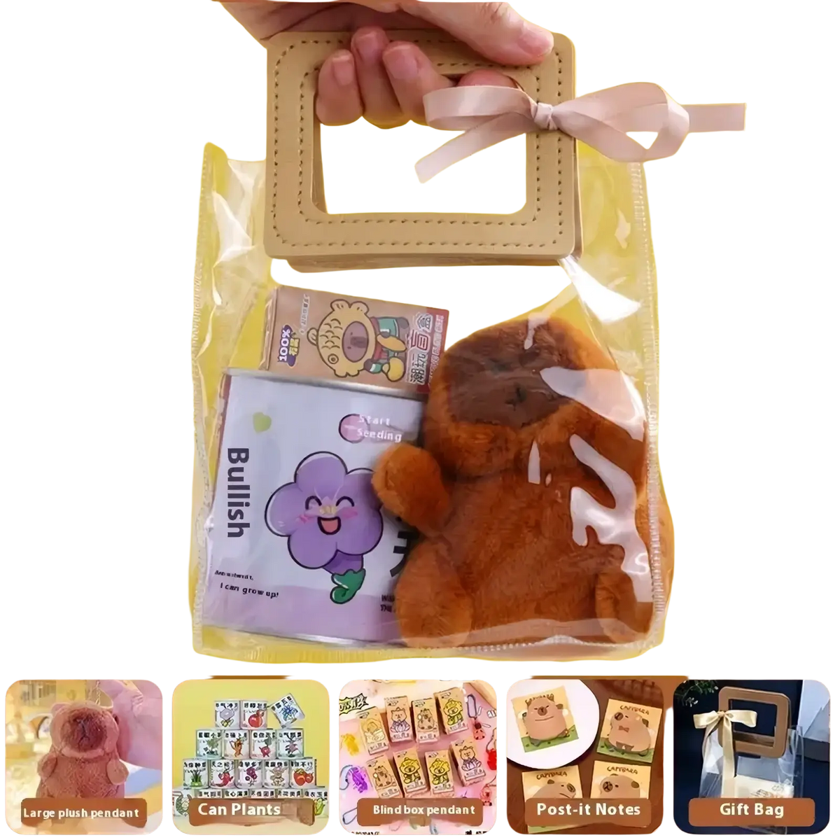 A beige rectangular gift bag with handle and ribbon bow for capybara stationery set kawaii student gift supplies