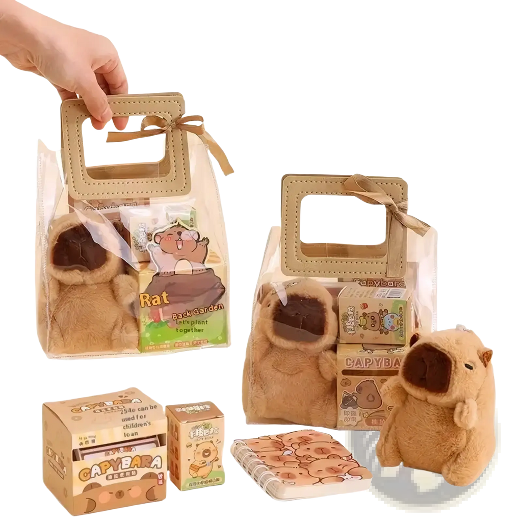 Brown plush capybara stuffed animal with dark brown interior and embroidered face from capybara stationery set kawaii gift