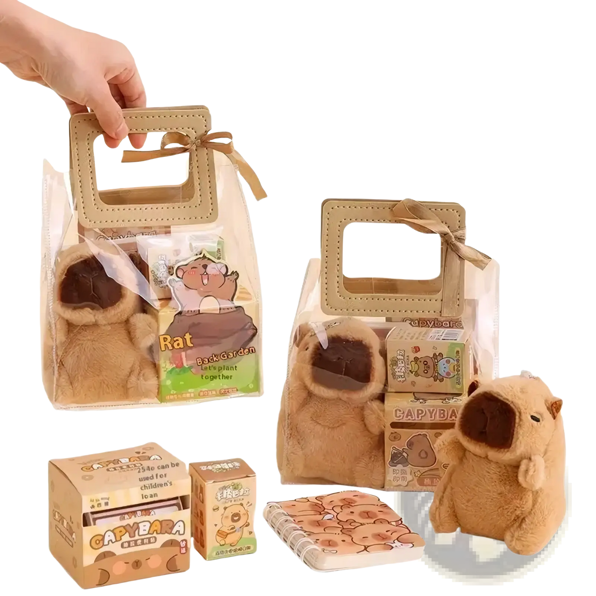Brown plush capybara stuffed animal with dark brown interior and embroidered face from capybara stationery set kawaii gift