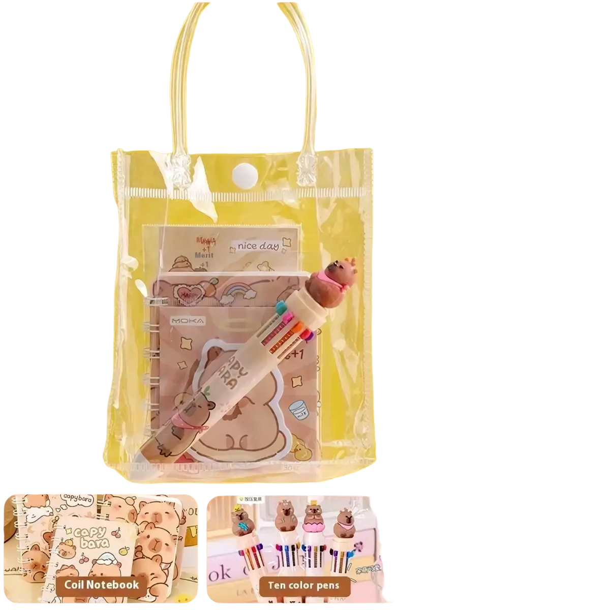 Clear plastic tote bag with transparent handles and white snap closure for capybara stationery set kawaii student gift supplies