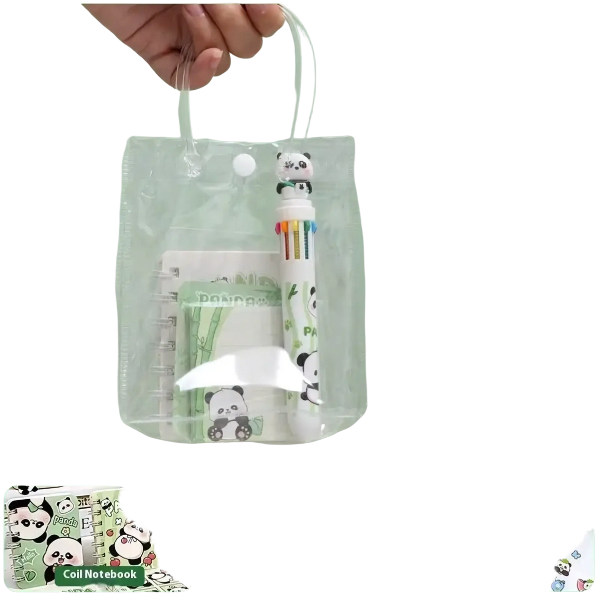 Clear plastic gift bag containing panda-themed pen and bamboo-patterned notebook from capybara stationery set kawaii student gift supplies