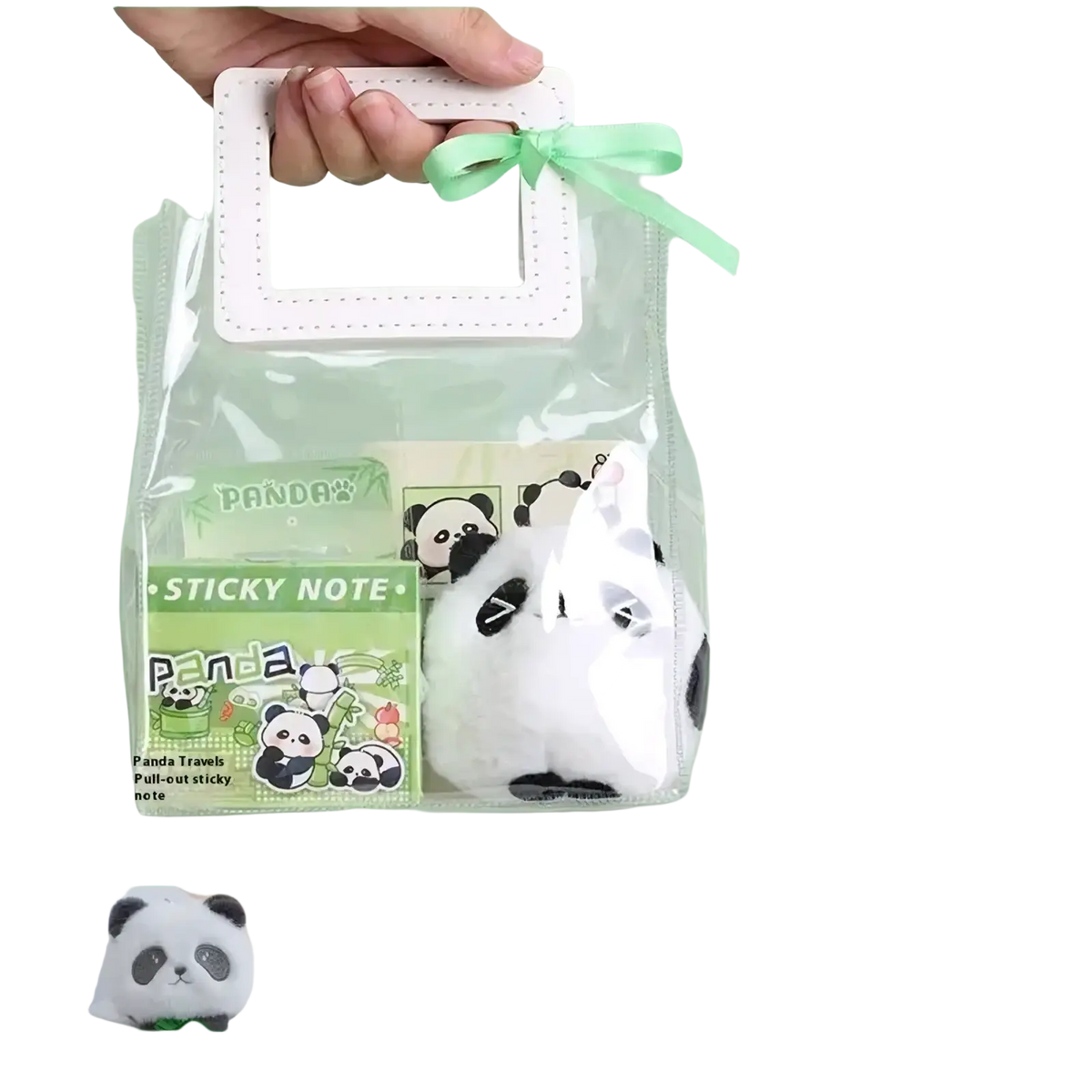 A plush panda-shaped sticky note holder with black and white fur and embroidered features in the Capybara Stationery Set