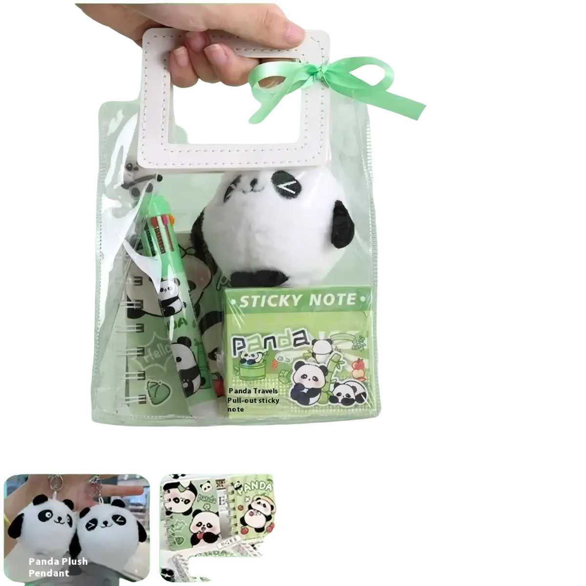 A plush panda pendant with black and white fur and a cute face design in the capybara stationery set kawaii gift supplies