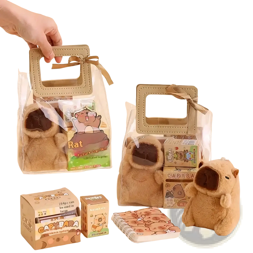A plush tan capybara toy with soft fuzzy texture and open mouth design from capybara stationery set kawaii gift