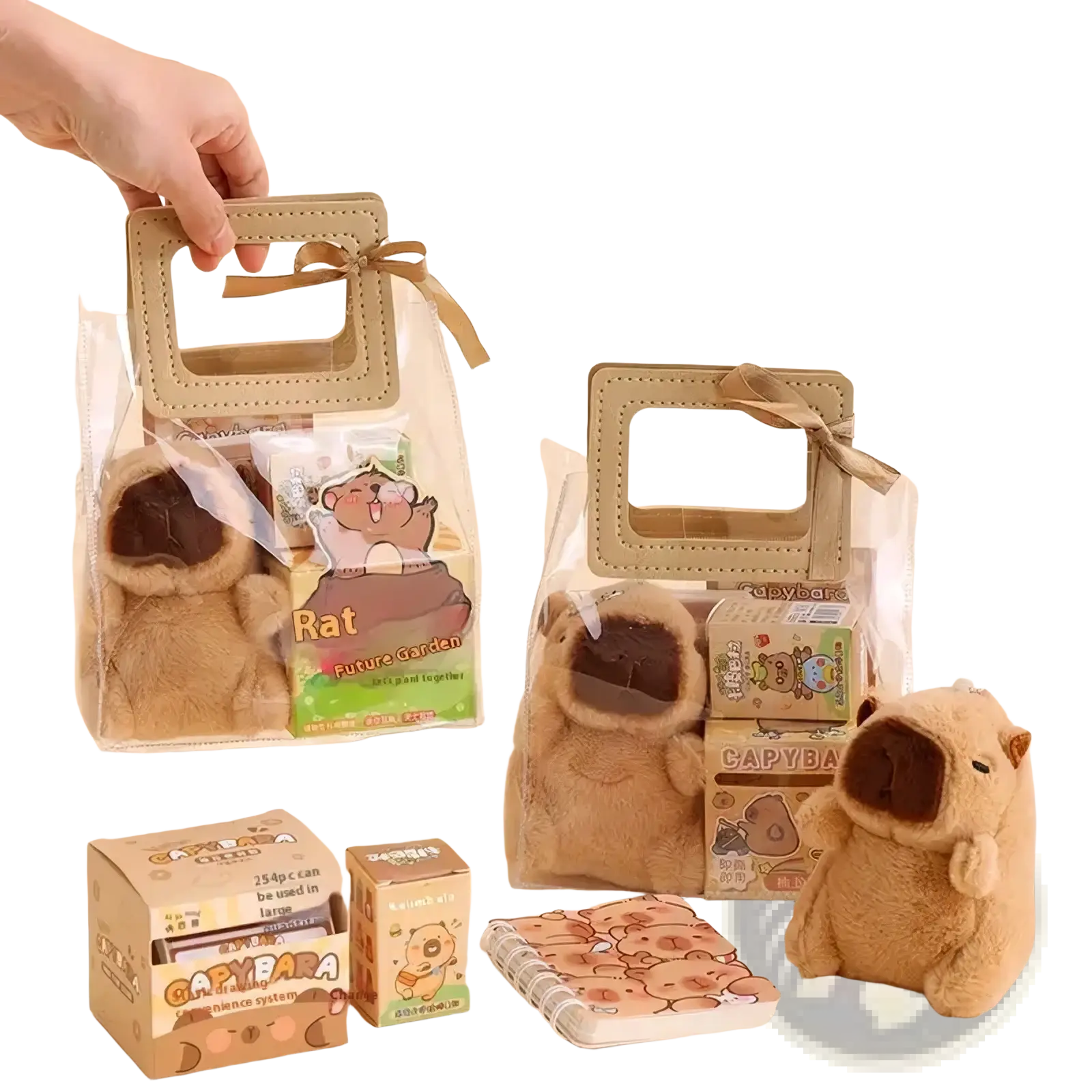 A plush tan capybara toy with soft fuzzy texture and open mouth design from capybara stationery set kawaii gift