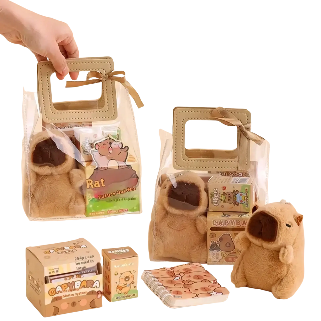 A plush tan capybara toy with soft fuzzy texture and open mouth design from capybara stationery set kawaii gift