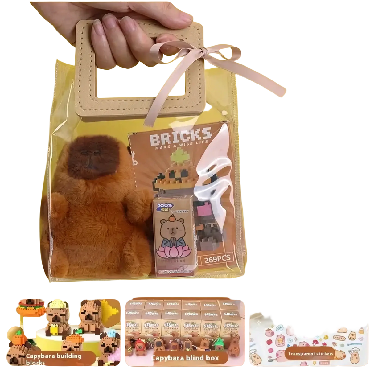 A soft brown plush capybara toy with fuzzy texture and rounded ears in a kawaii student gift stationery set