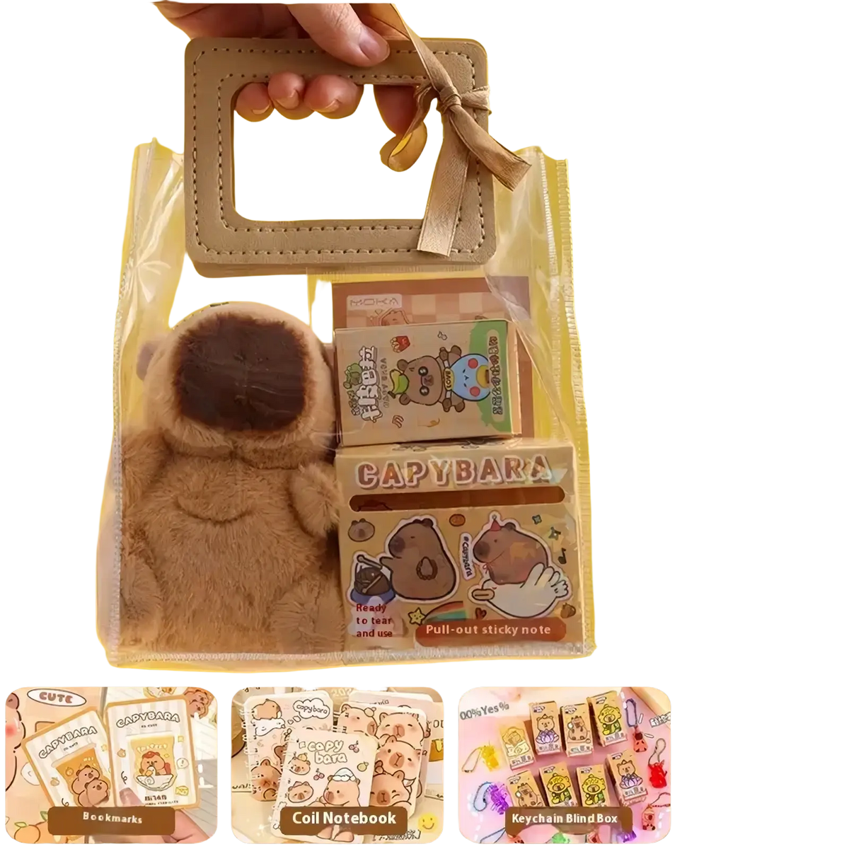 Tan leather handle with tied bow on clear plastic bag containing kawaii plush capybara and stationery set for students