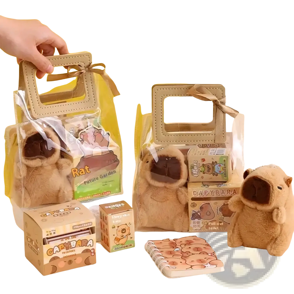 Tan plush capybara stuffed animal with dark brown snout and embroidered eyes in kawaii student stationery set