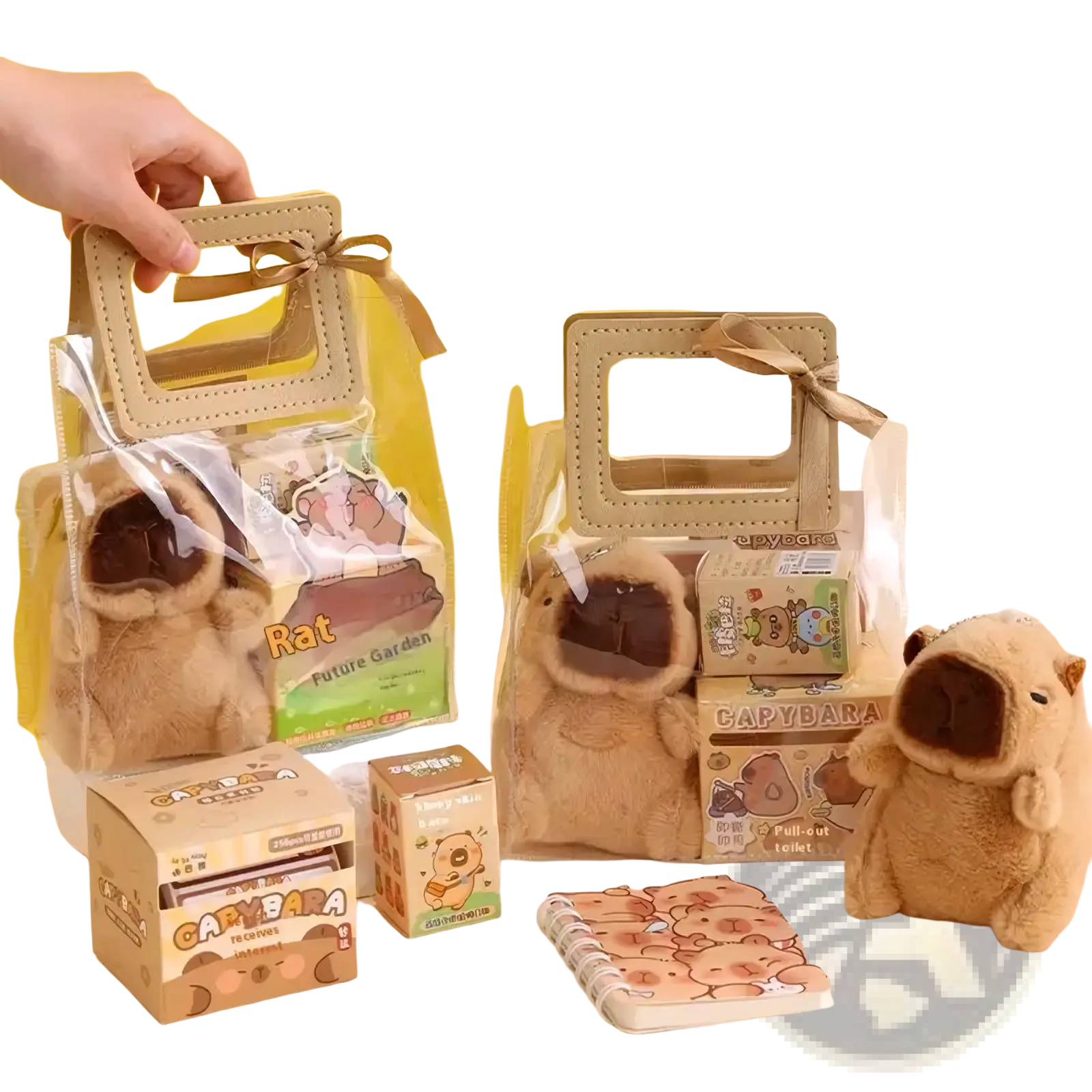 Tan plush capybara stuffed animal with dark brown snout and embroidered eyes in kawaii student stationery set