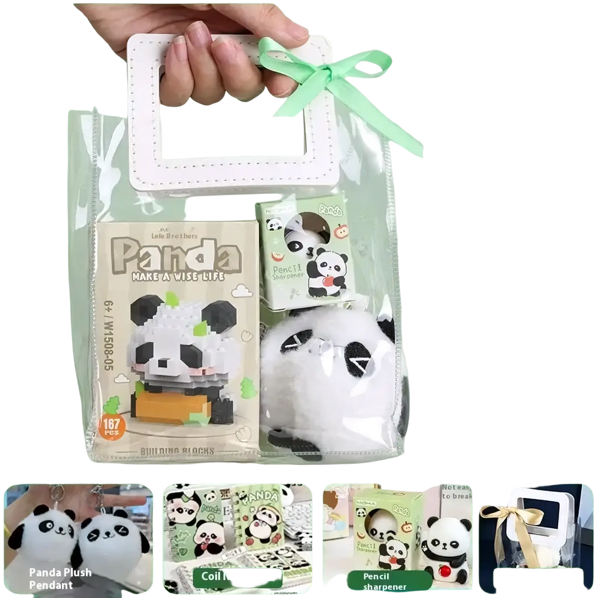 Capybara stationery set kawaii student gift supplies with white and black panda-themed building blocks in clear plastic bag