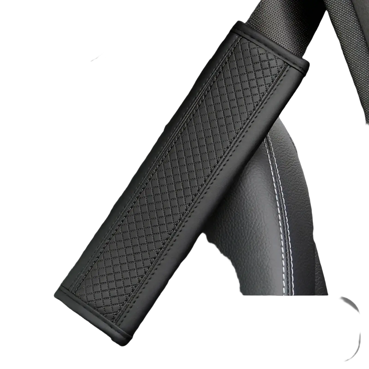 Black leather seat belt cover with red stitching featuring textured diamond-patterned surface and stitched edges