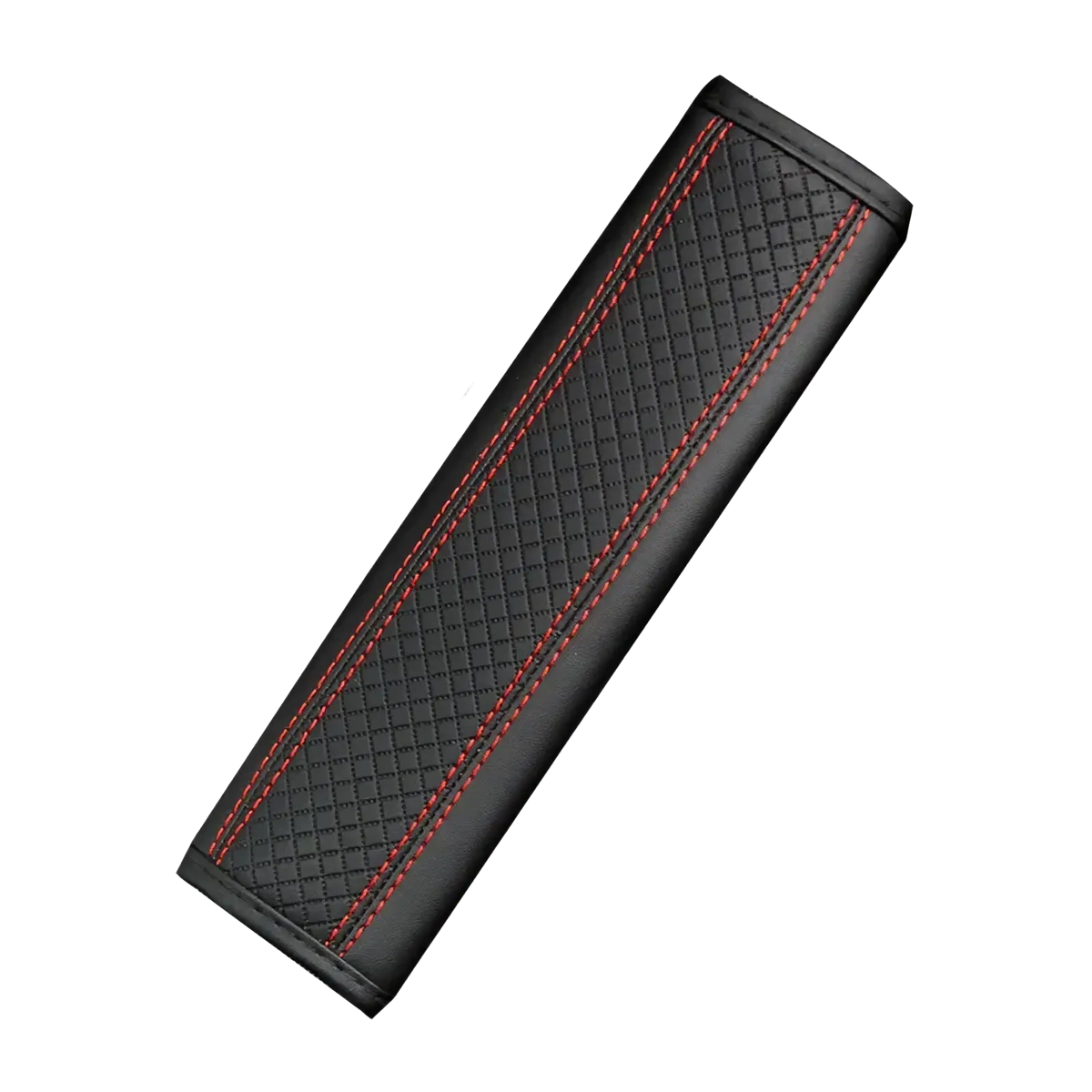 Black leather seat belt cover with red stitching along edges featuring textured surface for enhanced comfort