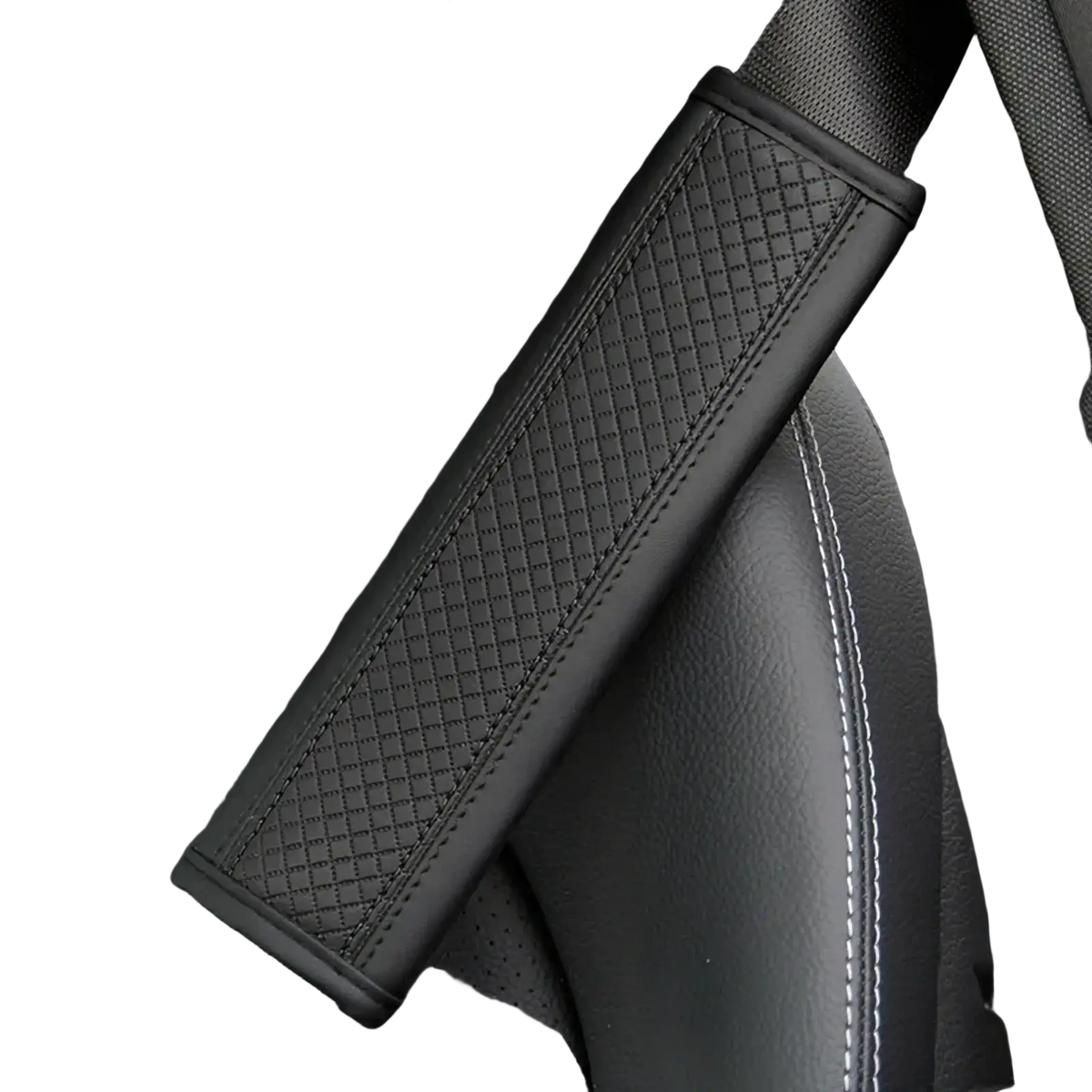 Black leather seat belt cover with diamond-stitched texture and white stitching along the edges for comfort