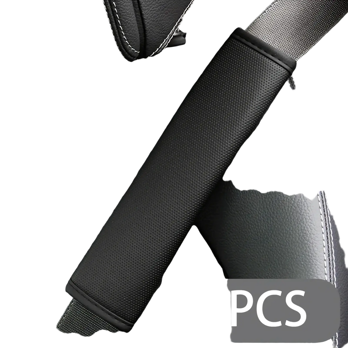Black textured leather seat belt cover with white stitching along edges for added comfort and durability