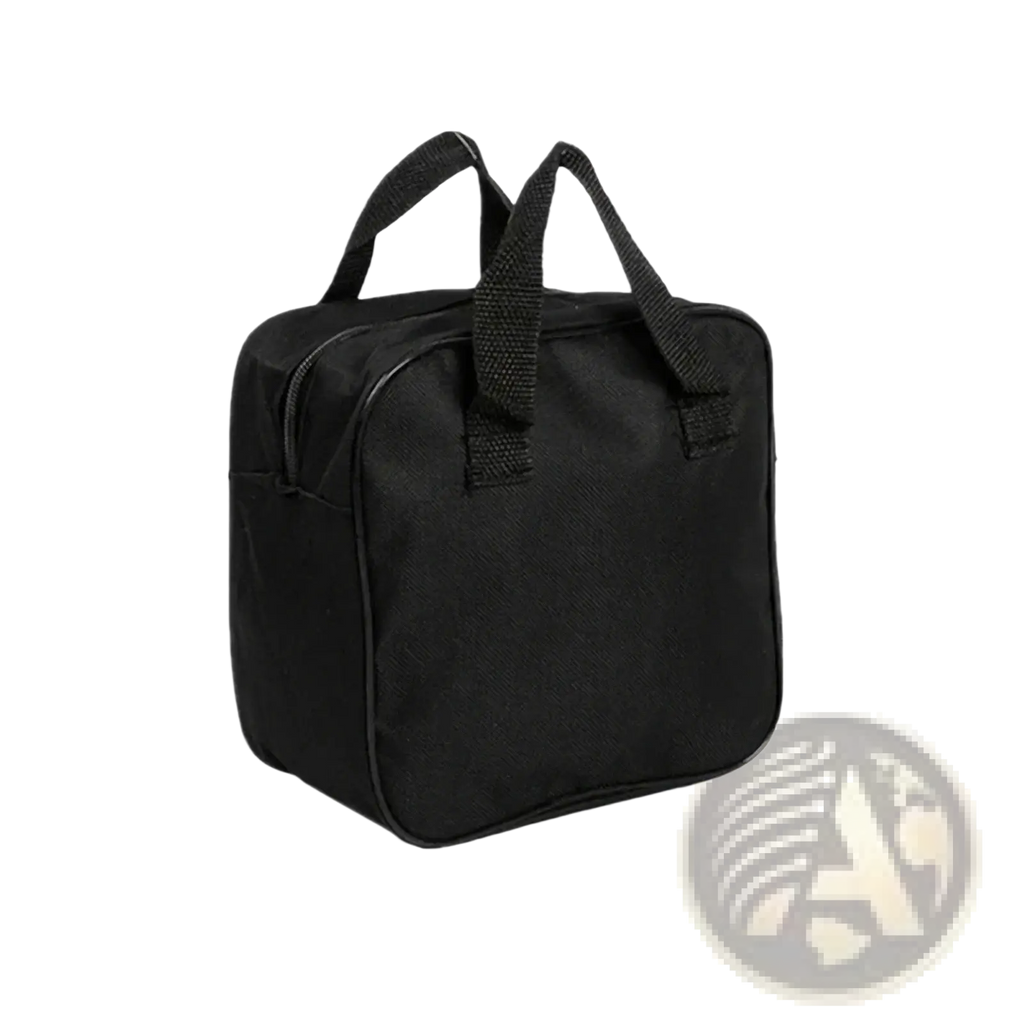 Black fabric insulated lunch bag with sturdy handles and zippered closure made of oxford cloth for car air pump storage