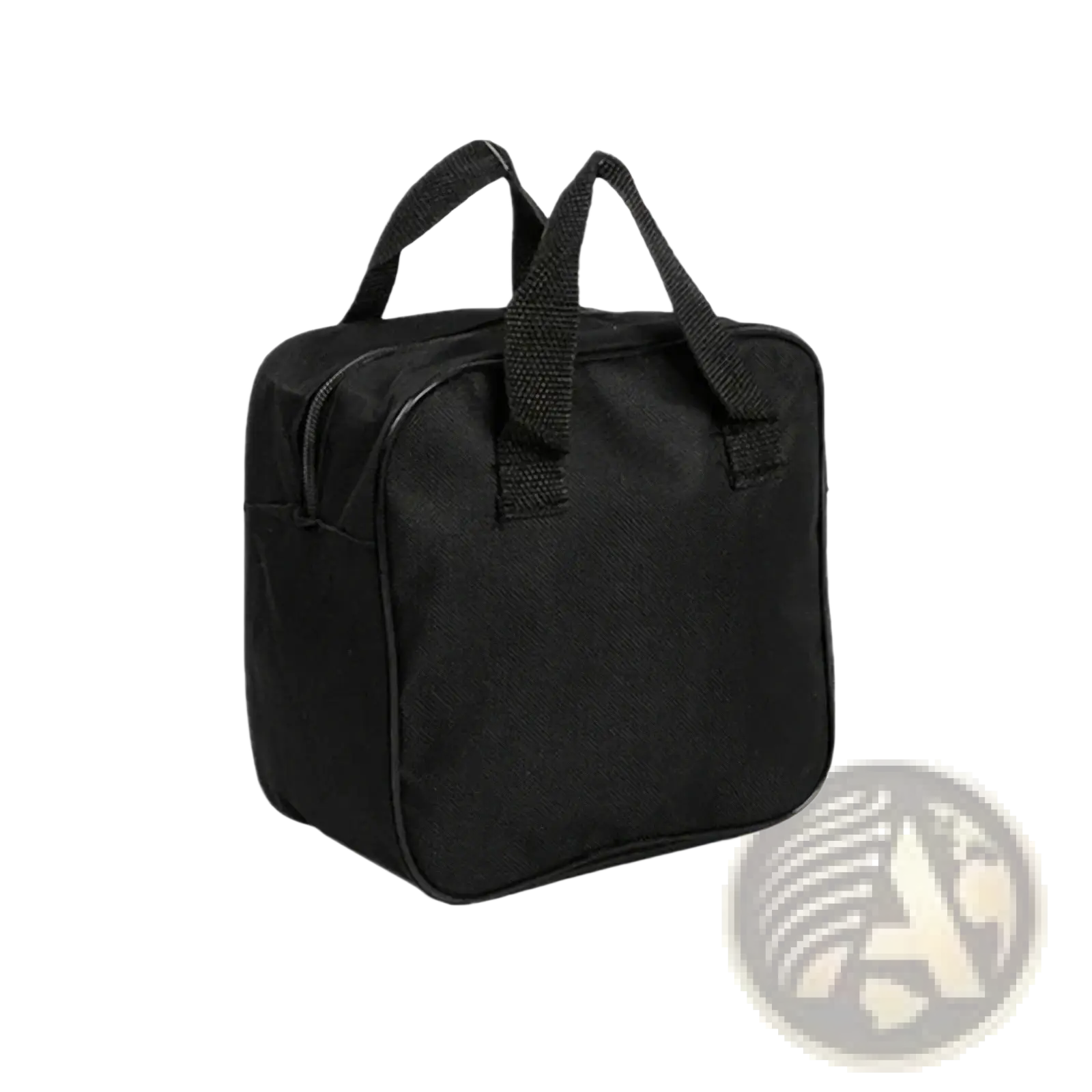 Black fabric insulated lunch bag with sturdy handles and zippered closure made of oxford cloth for car air pump storage