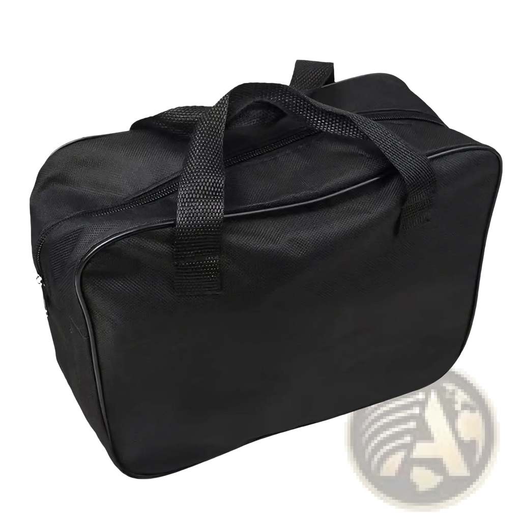 Black fabric duffel bag with reinforced handles and zipper closure made of oxford cloth for car air pump storage and organization