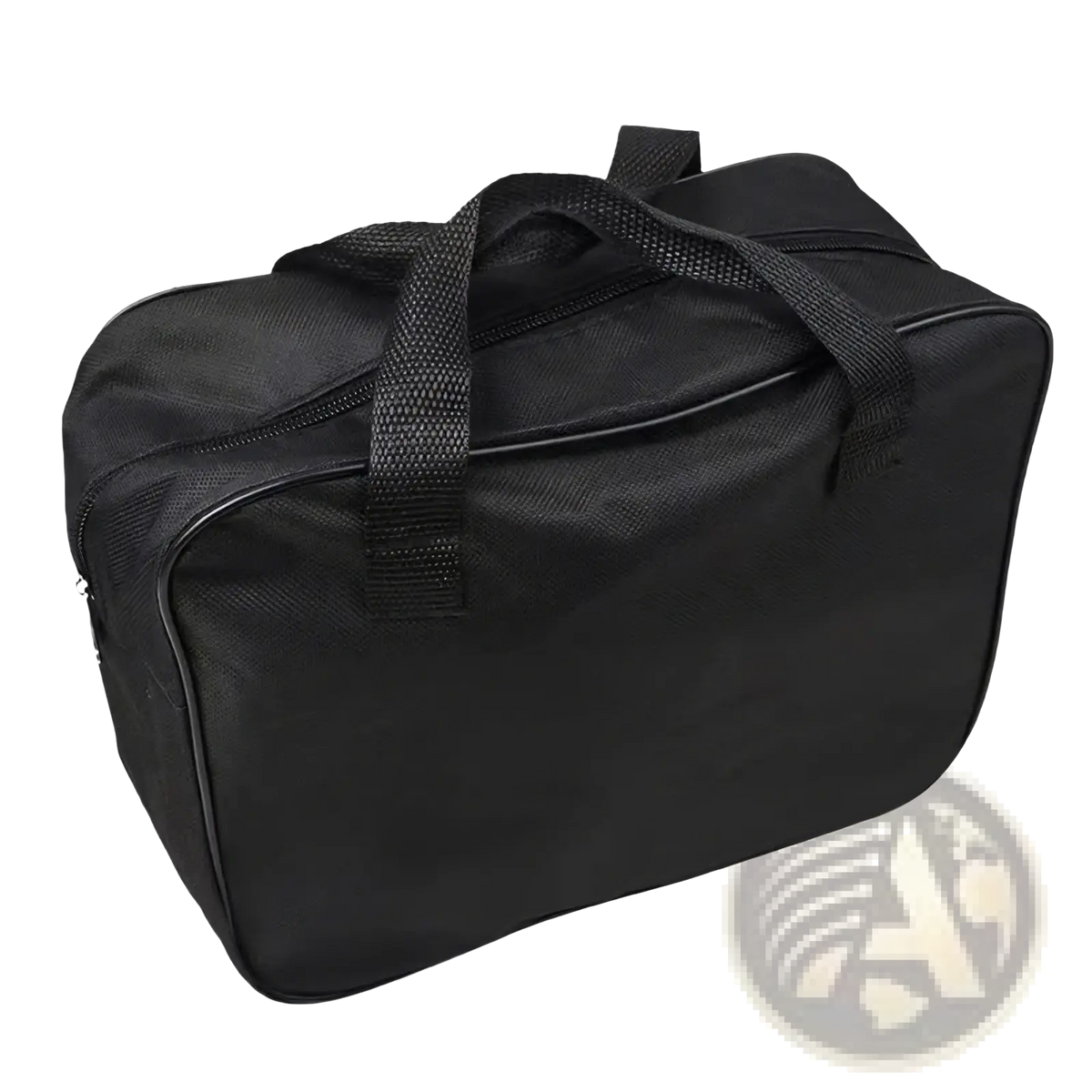 Black fabric duffel bag with reinforced handles and zipper closure made of oxford cloth for car air pump storage and organization