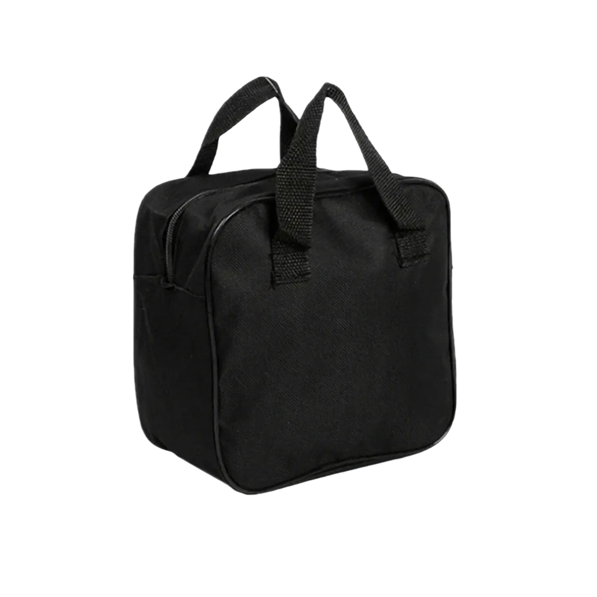 Black fabric insulated lunch bag with sturdy handles and zippered closure made of oxford cloth for car air pump storage