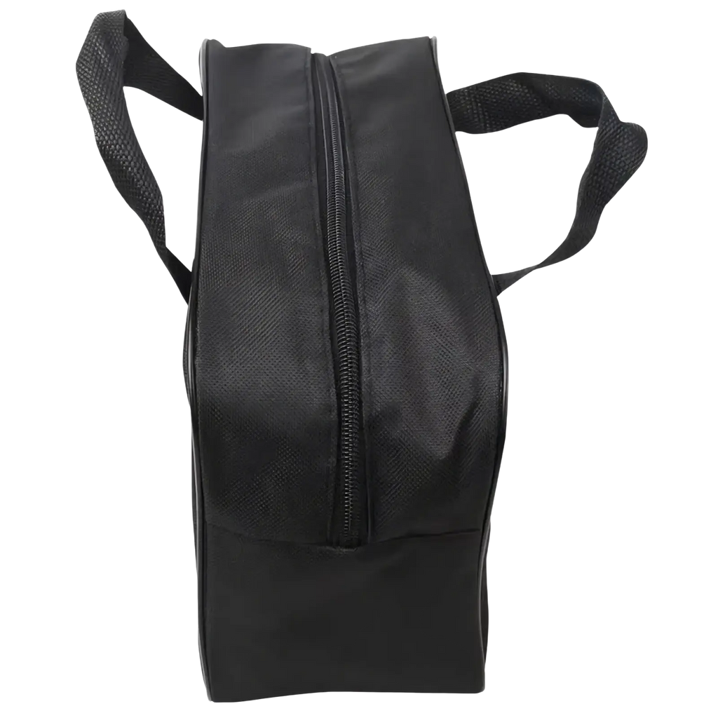 Black oxford cloth shoe bag with mesh handles and central zipper for car air pump storage and organization