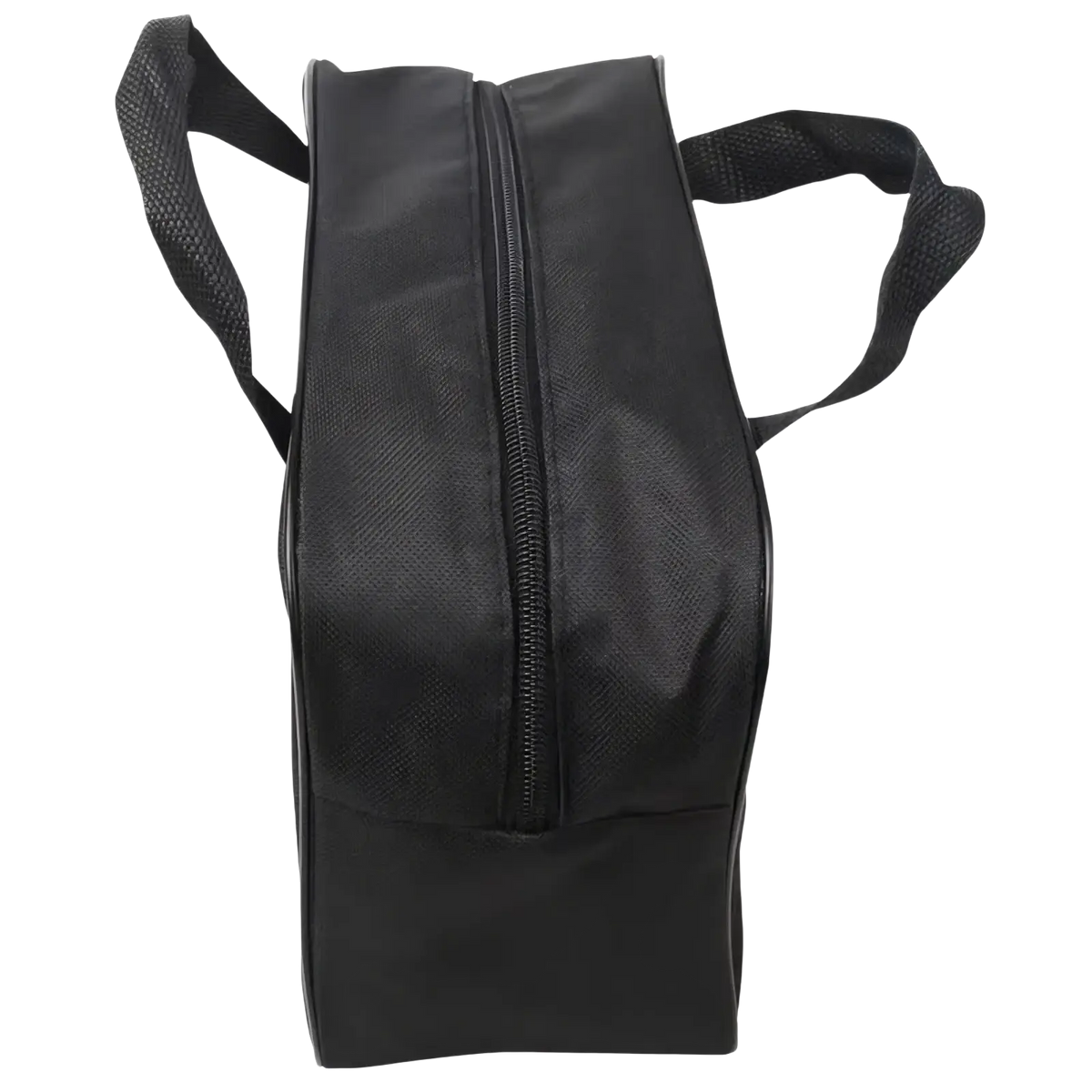 Black oxford cloth shoe bag with mesh handles and central zipper for car air pump storage and organization