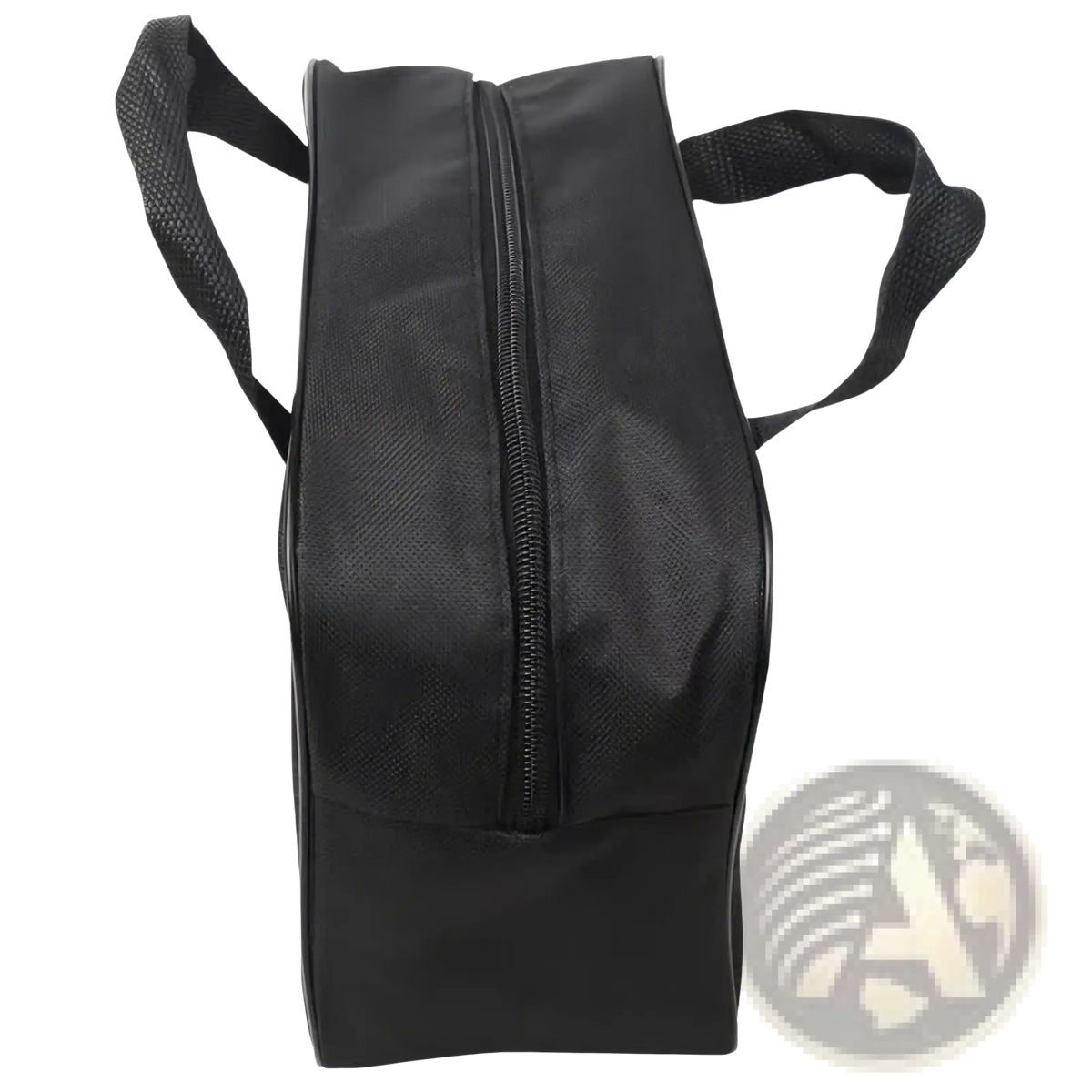 Black oxford cloth shoe bag with mesh handles and central zipper for car air pump storage and organization
