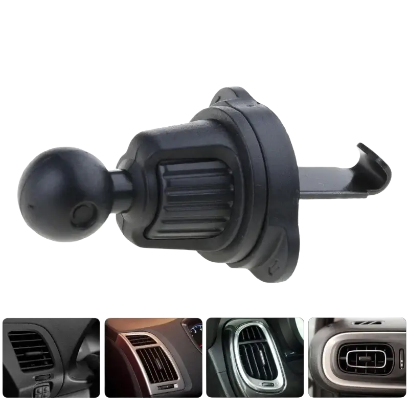 Black plastic car air vent phone holder with 17mm ball joint and adjustable clamp for secure mounting
