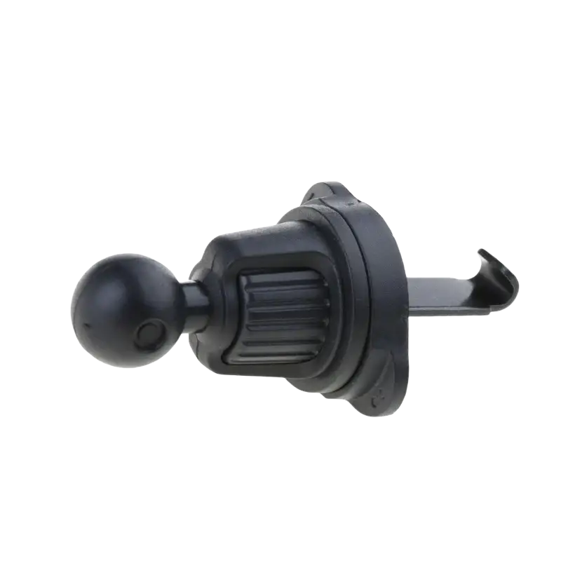 Black plastic car air vent phone holder with 17mm spherical ball joint and adjustable clamp for secure mounting