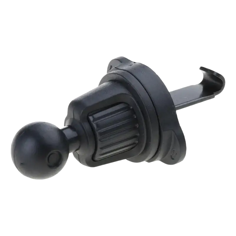 Black plastic car air vent phone holder with 17mm spherical ball joint and adjustable clamp for secure mounting