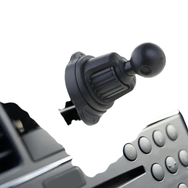 Black rubber phone holder car air vent mount clip with 17mm spherical ball joint for secure car air attachment