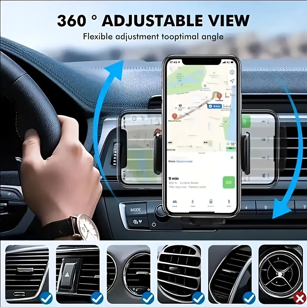 Black car air vent phone mount with adjustable arms for secure 360-degree viewing universal cell stand