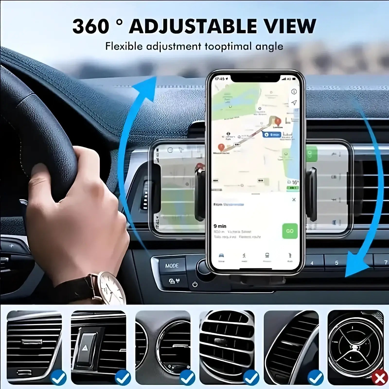 Black car air vent phone mount with adjustable arms for secure 360-degree viewing universal cell stand