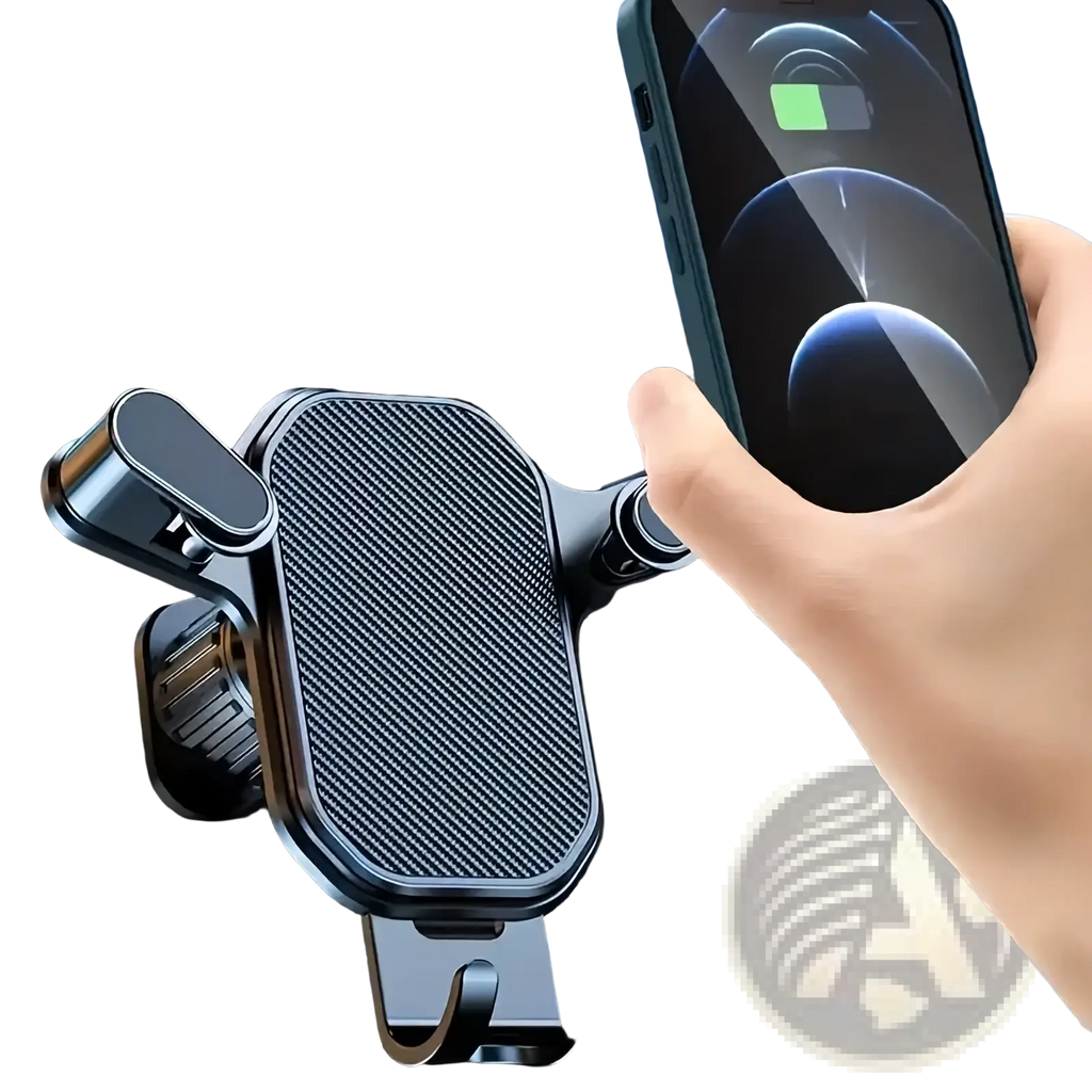 Black carbon fiber textured car air vent phone mount with adjustable arms and magnetic clamps for secure holding