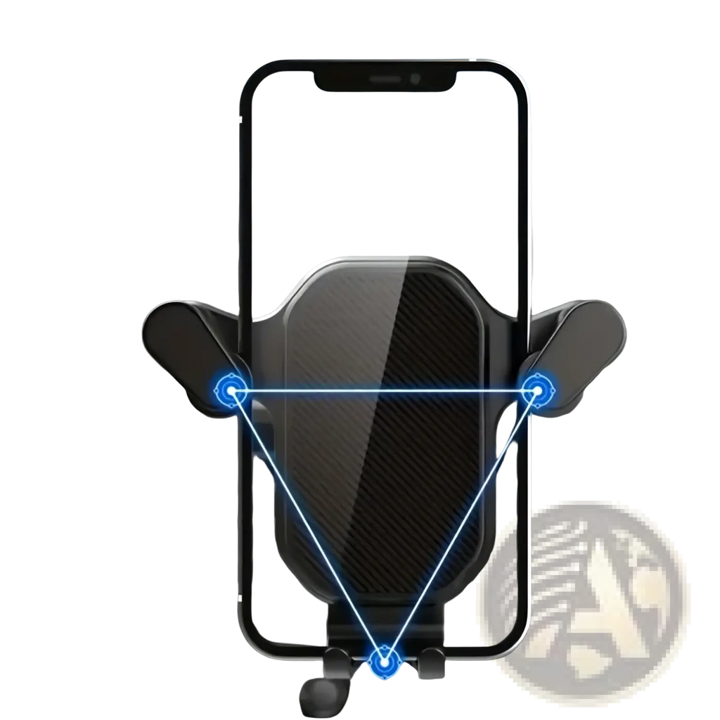 Black carbon fiber textured car air vent phone mount with adjustable arms holding a smartphone in landscape orientation