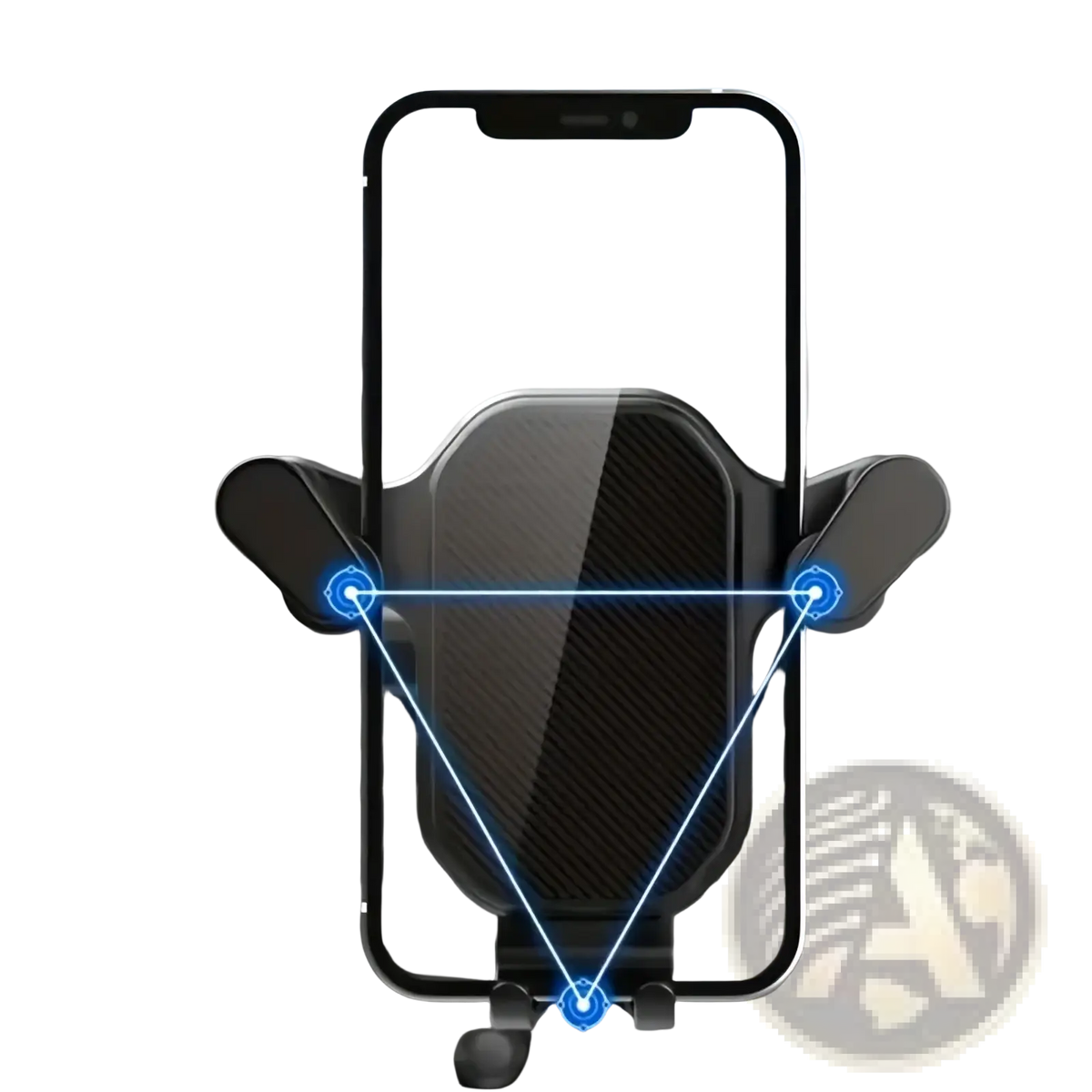 Black carbon fiber textured car air vent phone mount with adjustable arms holding a smartphone in landscape orientation